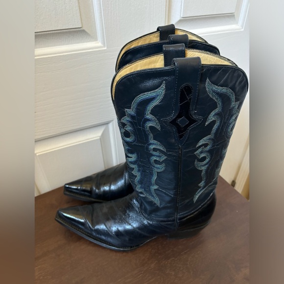 Je-Ver Cowboy Boots Men's 9.5 Leather Embroidered Western Pointed Navy Boots - Picture 10 of 16